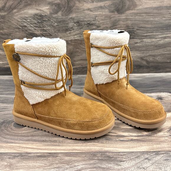 NIB Koolaburra by UGG 9 40 Michon Short Boots Bootie Suede Faux Fur Chestnut Tan - Picture 2 of 14